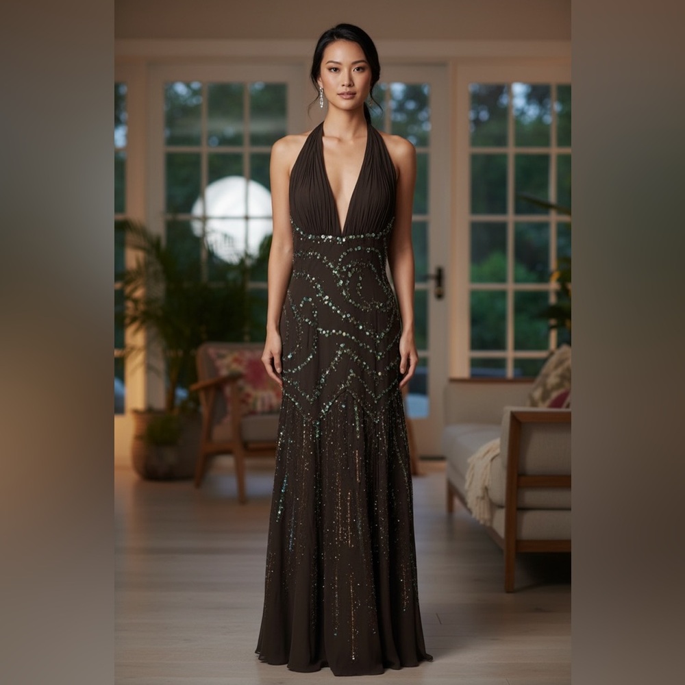 Xcite Brown Beaded Halter Gown w/ Slits – Size 10 – NWT